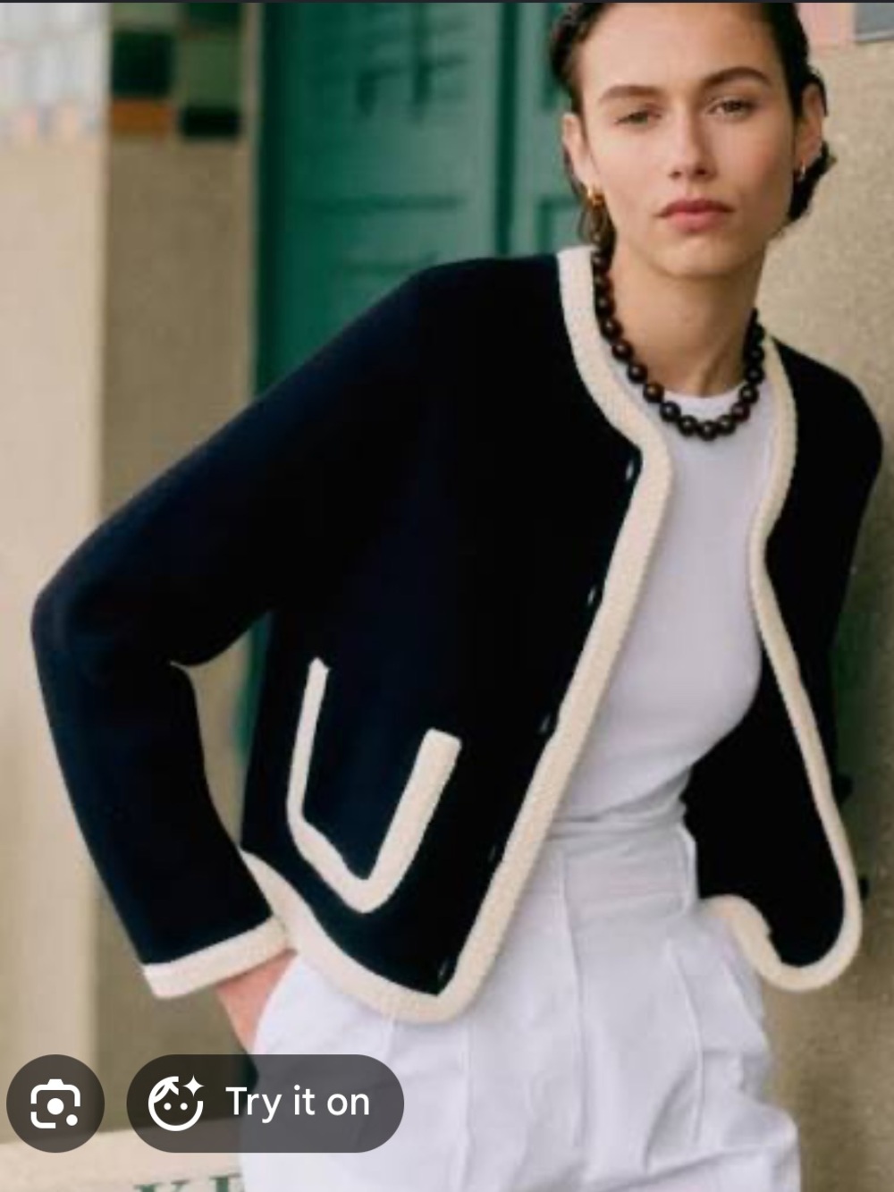 Sezane Cropped Navy Jacket with Ecru Trim